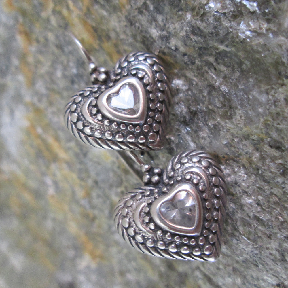 Sterling Silver Earrings HEARTS Sparkling Crystal